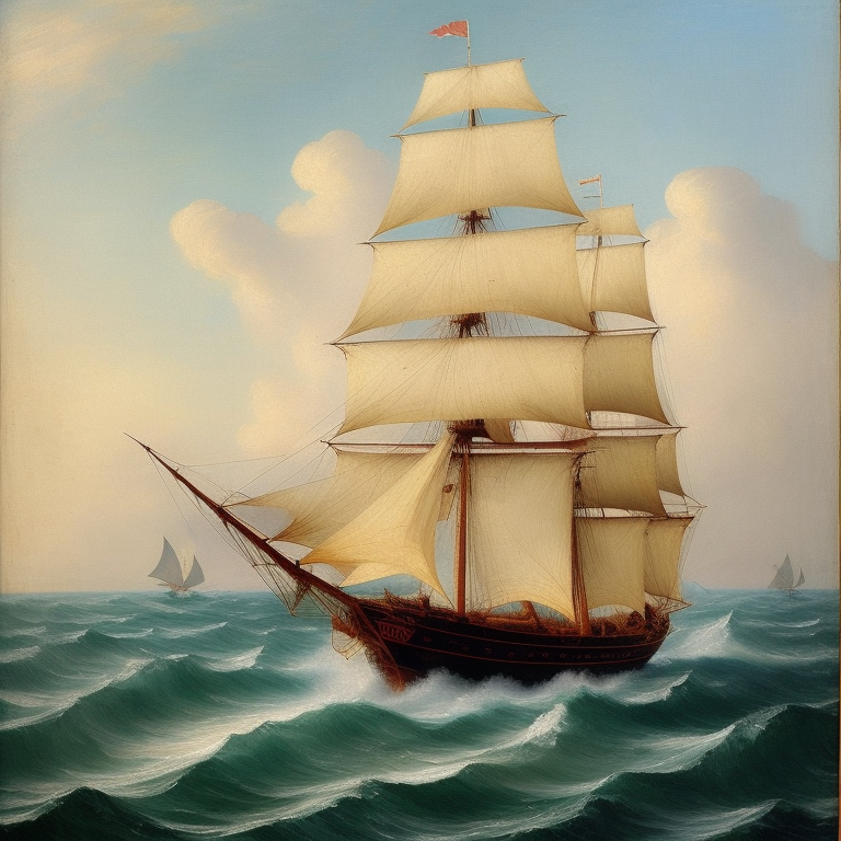 Ein Segelschiff, das das Hoch Meer, 18. Jahrhundert überquert, impressionistische Malerei, Nahaufnahme