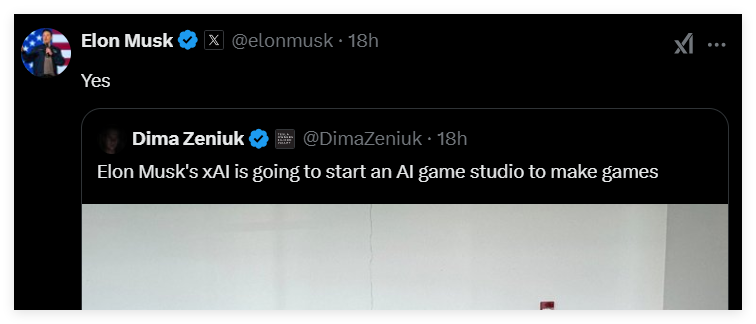 Musk ยืนยันแผนการของเขาในการตั้งค่าสตูดิโอเกม AI และสาบานว่าจะ "สร้างเกมที่ยอดเยี่ยมอีกครั้ง" - บทความ AI