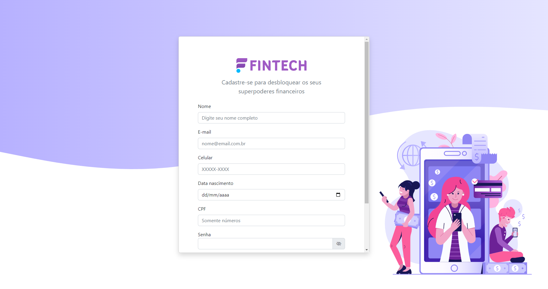 Fintech 등록 홈 화면의 스크린 샷