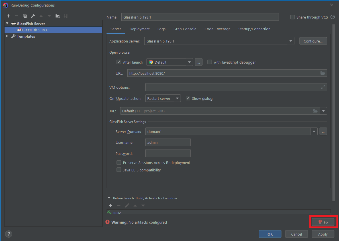 아티팩트가 구성되지 않았습니다