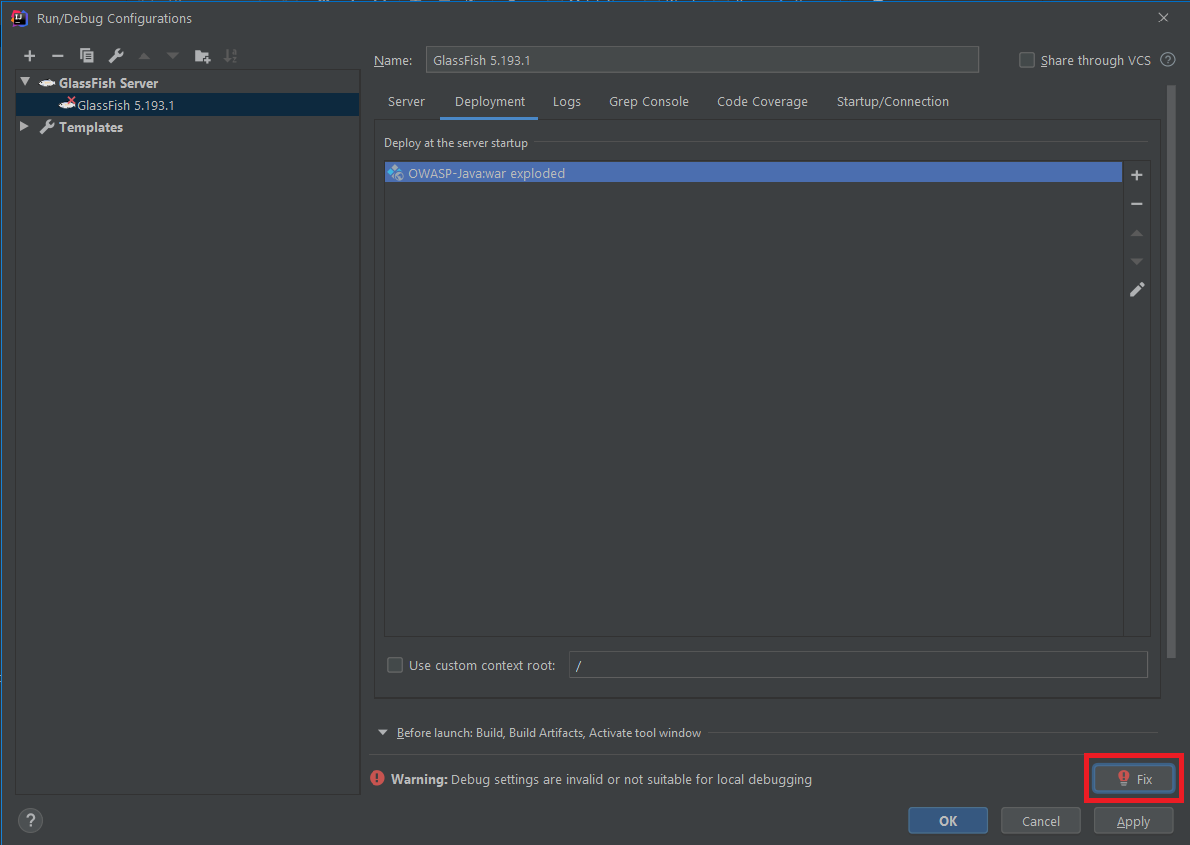 디버그 설정을 수정하십시오