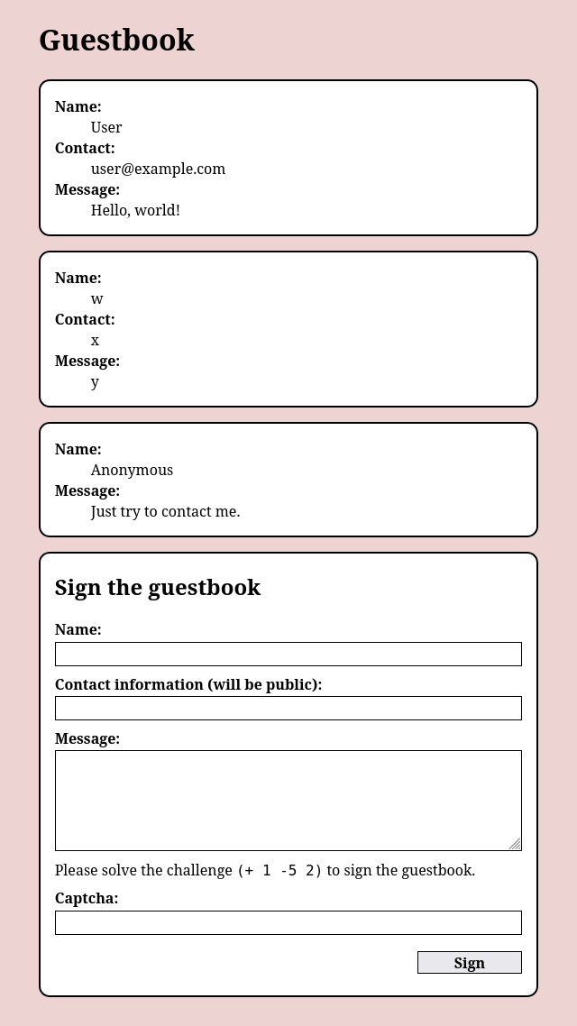 一个带有三个留言簿条目和提交表格的网页的屏幕截图