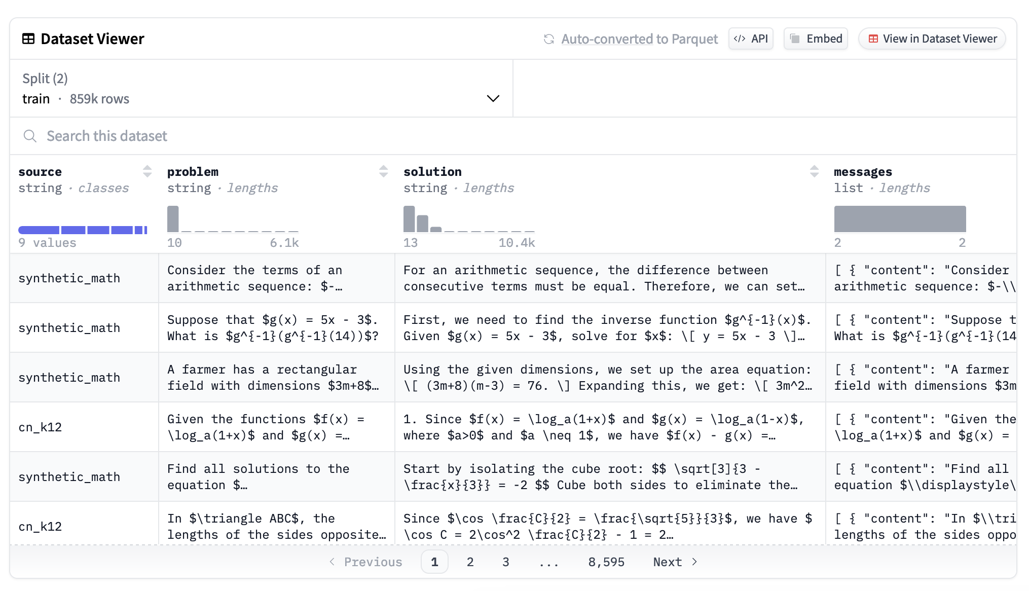 Hugging Face에서 호스팅 된 데이터 세트 'ai-mo/numinamath-cot'용 데이터 세트 뷰어 스크린 샷