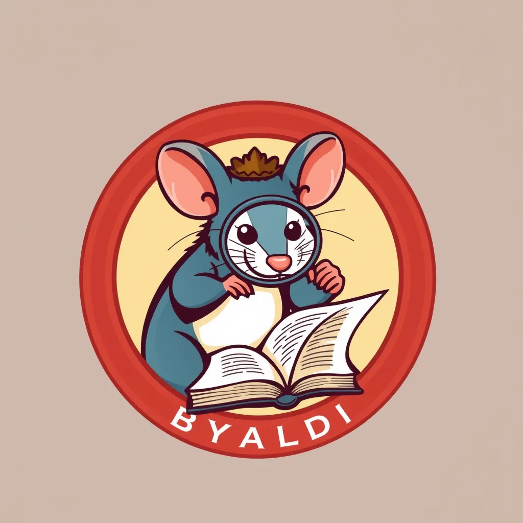 Das Byaldi -Logo, es ist eine fröhliche Ratte, die ein Lupenglas verwendet, um sich ein komplexes Dokument anzusehen. Es heißt 'Byaldi' in der Mitte eines Kreises um die Ratte.