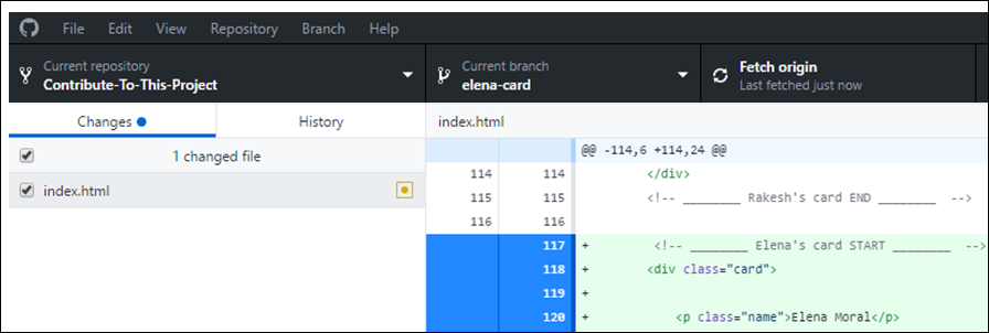 Die Änderungen, die Sie hinzugefügt haben, sollten auf der rechten Seite der Github -Desktop -App grün angezeigt werden. Die Triebschaltfläche befindet sich unten links unten Commit changes