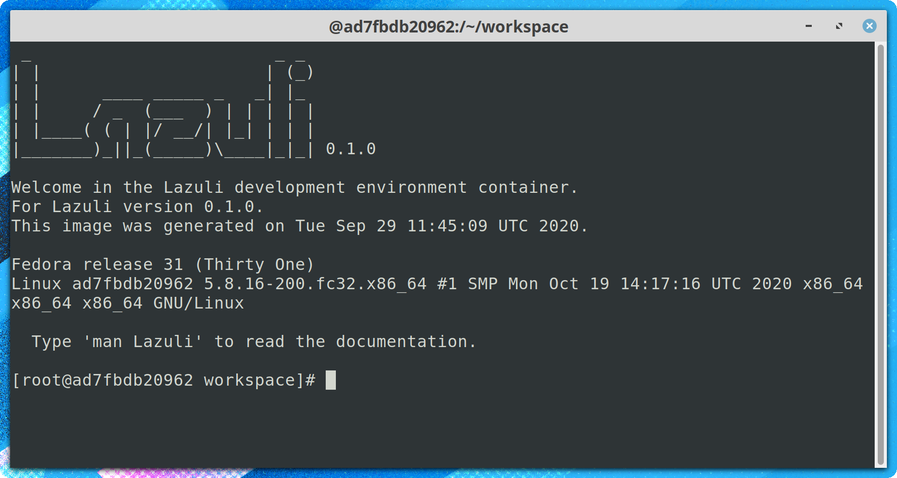 بدء حاوية بيئة تطوير Lazuli