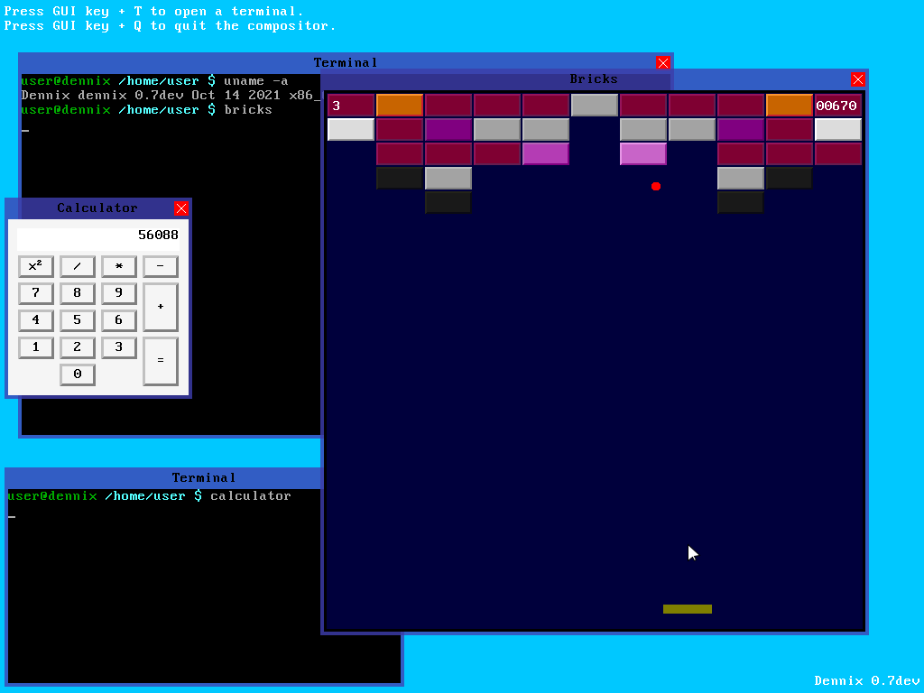 لقطة شاشة تظهر واجهة المستخدم الرسومية مع لعبة الطوب والحاسبة.