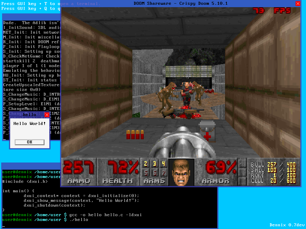 لقطة شاشة تعرض واجهة المستخدم الرسومية مع منفذ DOOM وتجميع برنامج بسيط يعرض نافذة تقول "Hello World!".