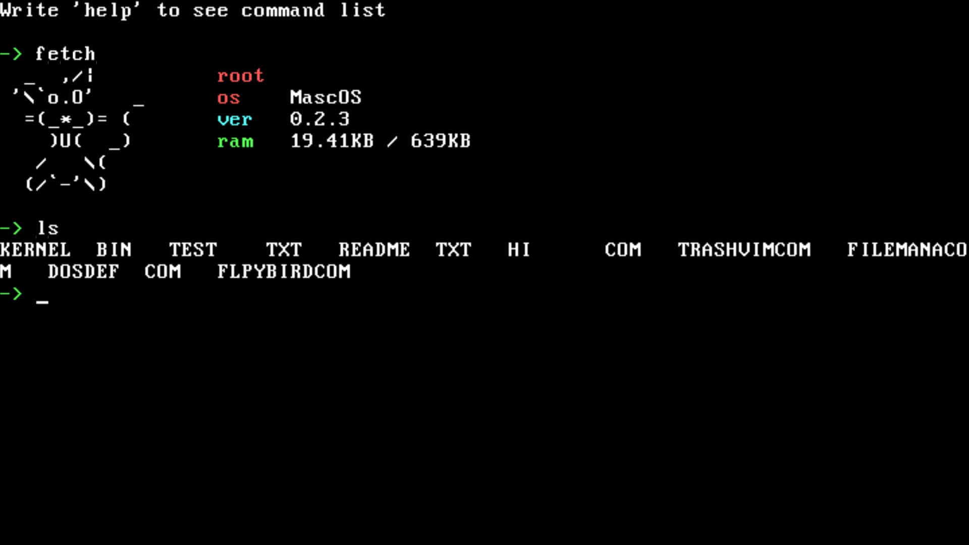 قذيفة Mascos مع أمر LS و Fetch