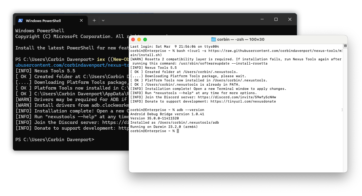 لقطة شاشة من أدوات Nexus على MacOS و Windows 11