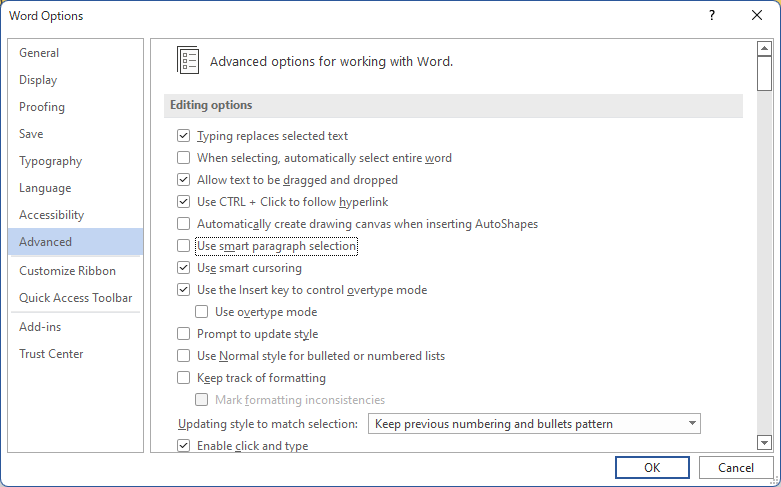 الخيار في MS Word
