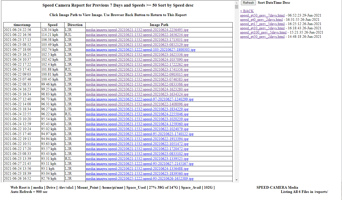 صفحة مجلد تقارير كاميرا السرعة