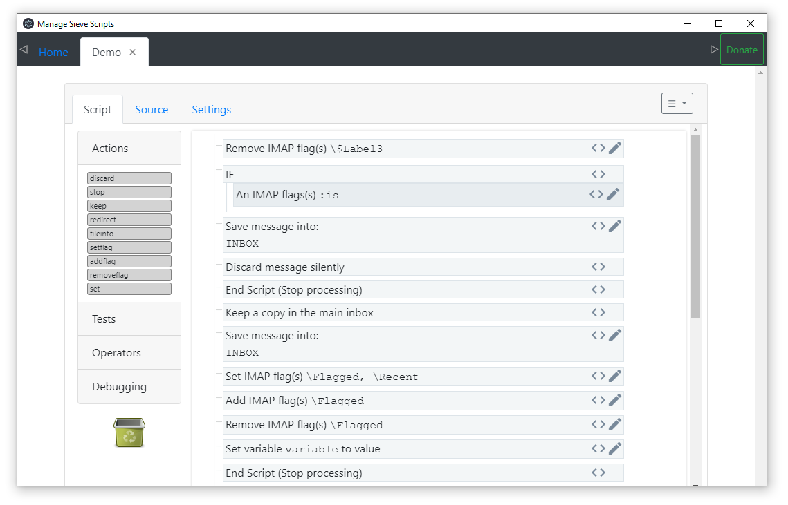 Sieb -Editor zeigt ein Demo -Skript