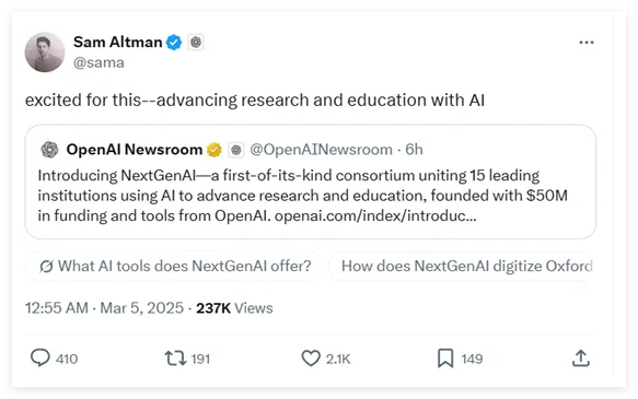 OpenaiはNextgenaiをリリースし、15の有名な大学と5,000万ドルの協力を提供します-AI記事