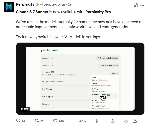 Claude 3.7 Sonnet เข้าสู่ระบบอย่างเป็นทางการเป็น Proplexity Pro: Agent Workflow และการสร้างรหัสได้รับการปรับปรุงอย่างมีนัยสำคัญ - บทความ AI