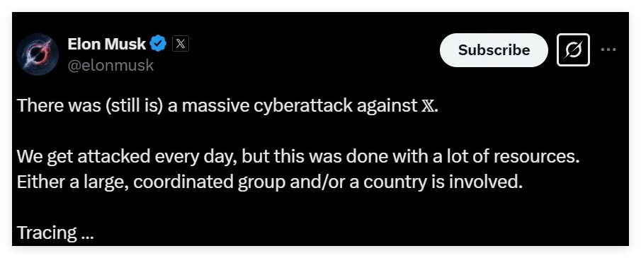 Musk เปิดเผยความจริงเกี่ยวกับการหยุดทำงานของแพลตฟอร์ม X: มันเกิดจาก "การโจมตีไซเบอร์ขนาดใหญ่" - บทความ AI