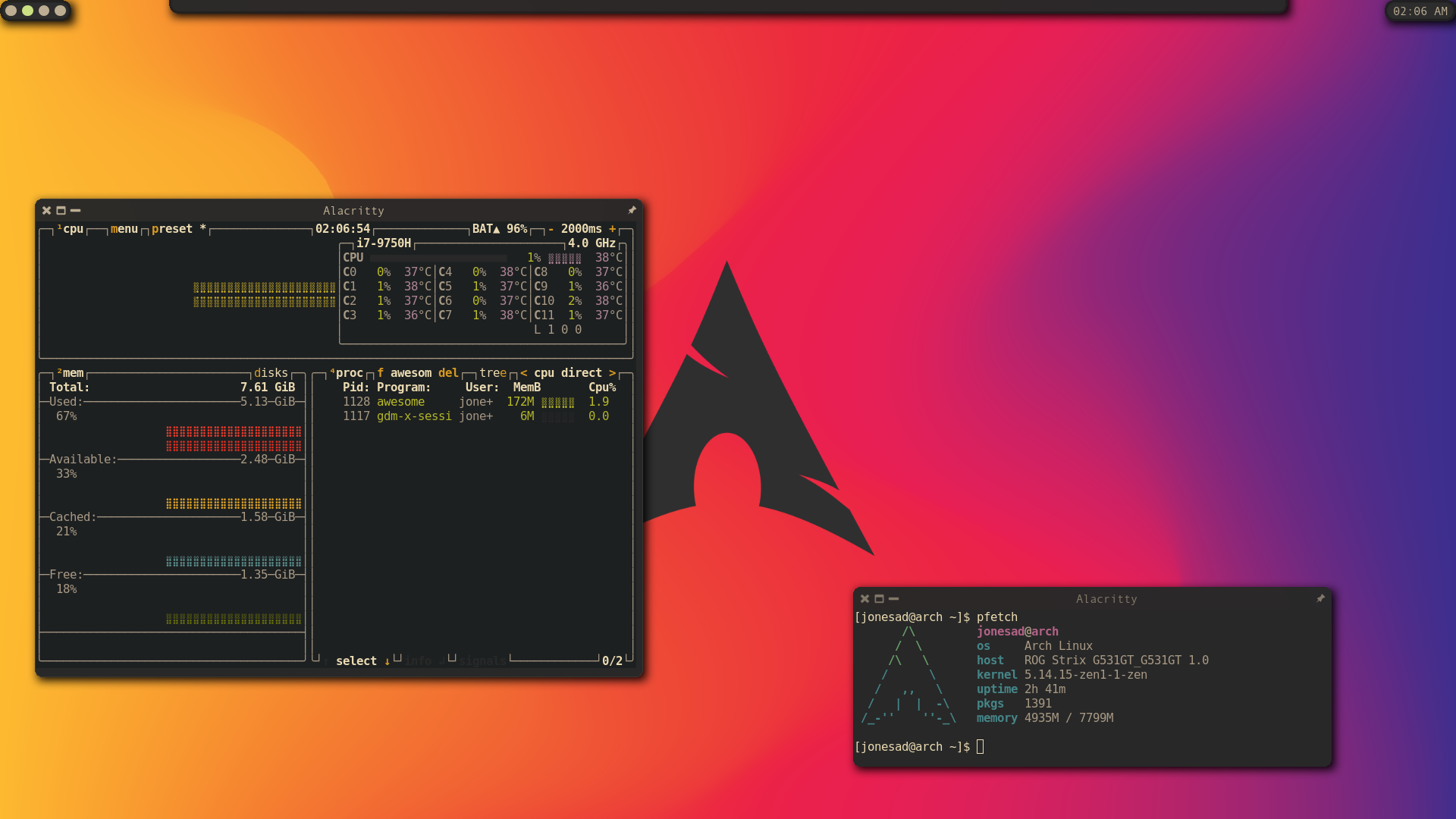 숨겨진 메인 패널이있는 gruvbox 다크 터미널 및 GTK 테마