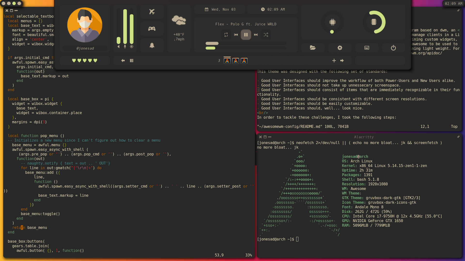 표시된 메인 패널이있는 gruvbox 다크 터미널 및 GTK 테마