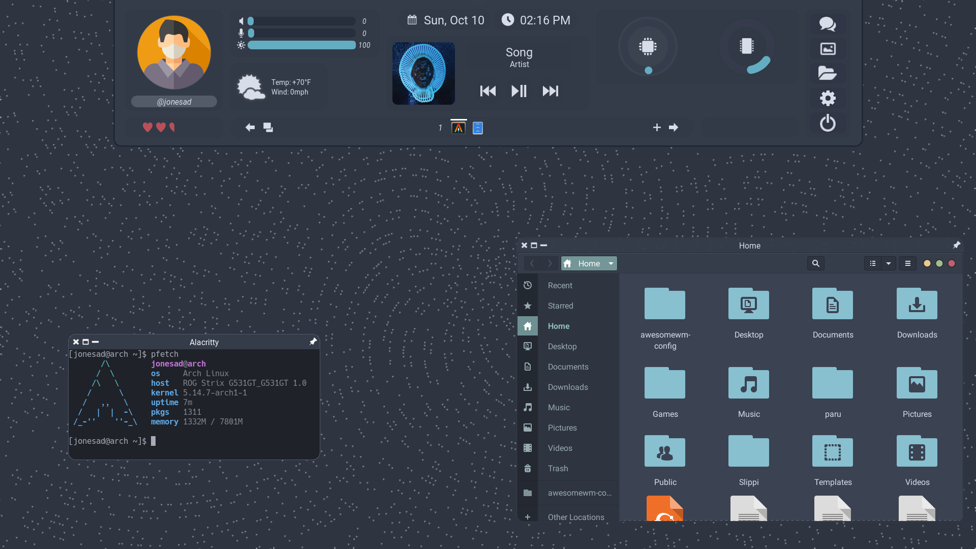 pfetch 및 파일 브라우저가 표시된 북유럽 패널