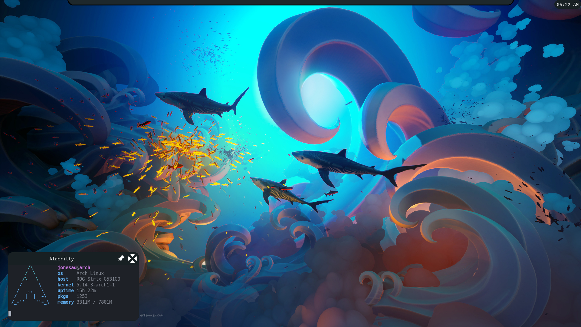 화면 상단에 숨겨져있는 밝은 색상 상어와 물