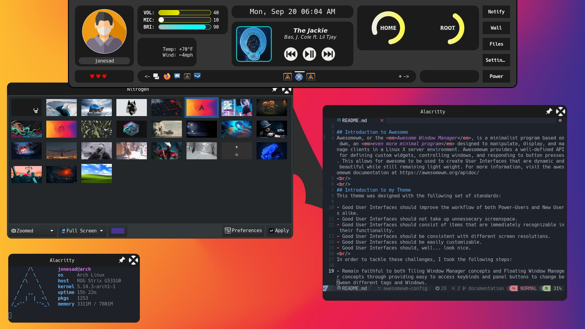 Neovim 구성이있는 Adwaita 다크 테마 패널 화면과 질소의 오른쪽에있는 벽지 체인저, 화면 왼쪽 중간에있는 벽지 체인저