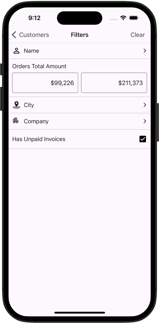 DeVexpress CRM 데모 - 필터링 UI