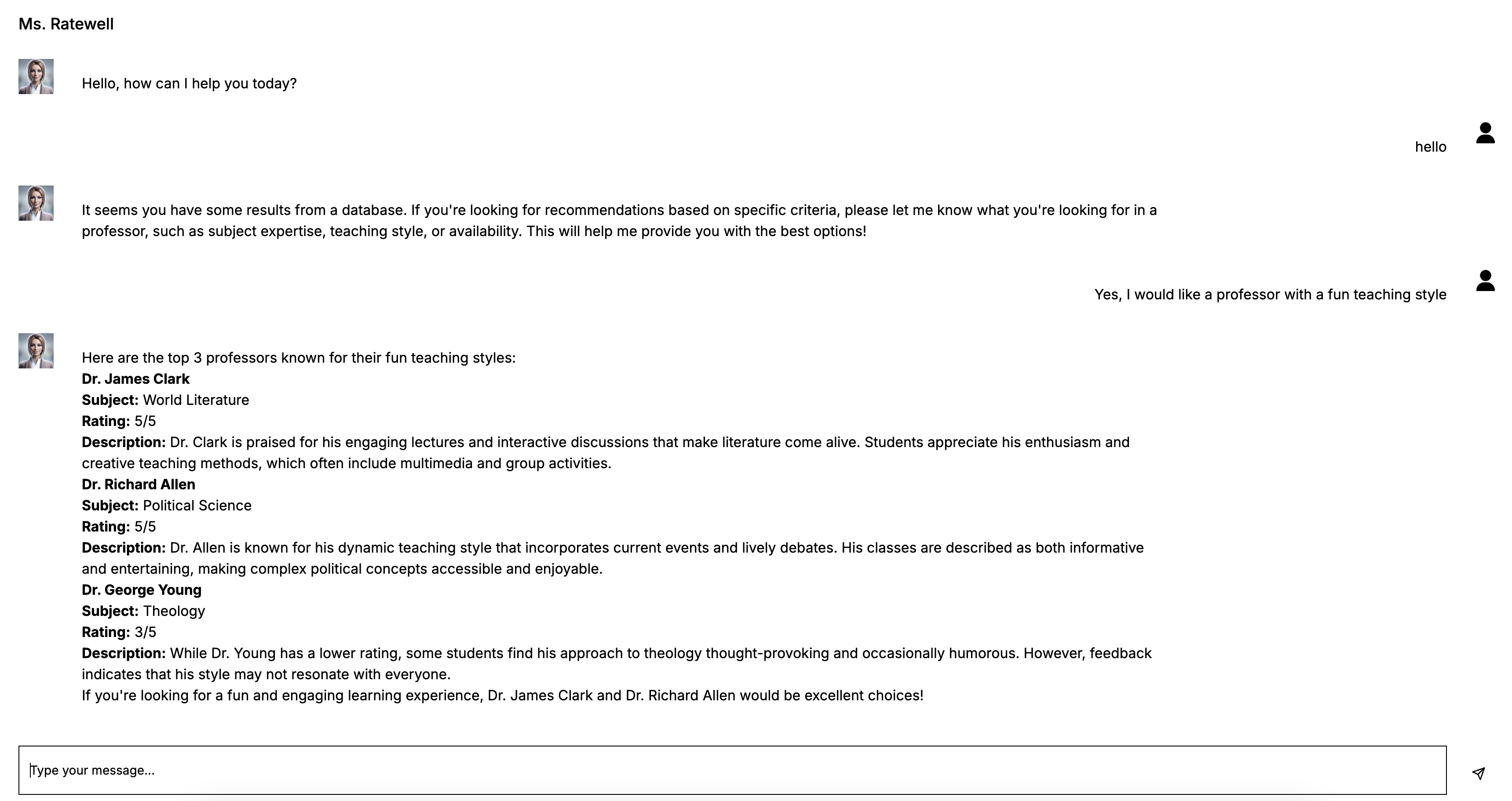 교수 AI 보조 채팅 예제를 평가하십시오