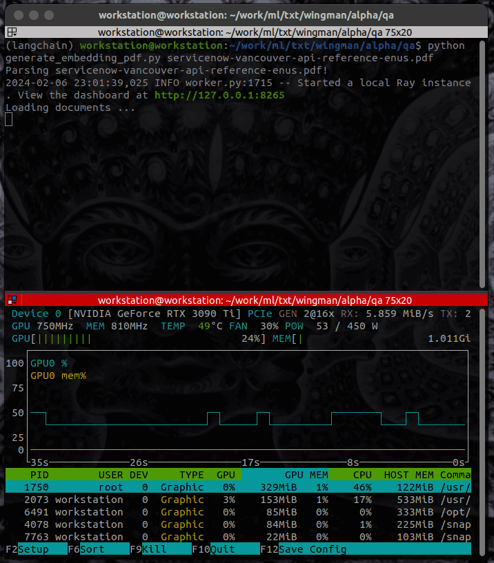 윙맨의 애니메이션 GIF (J 사운드로 발음). 임베딩 생성, Ray Server 시작 및 새로운 훈련 된 모델을 쿼리하는 것이 표시됩니다.