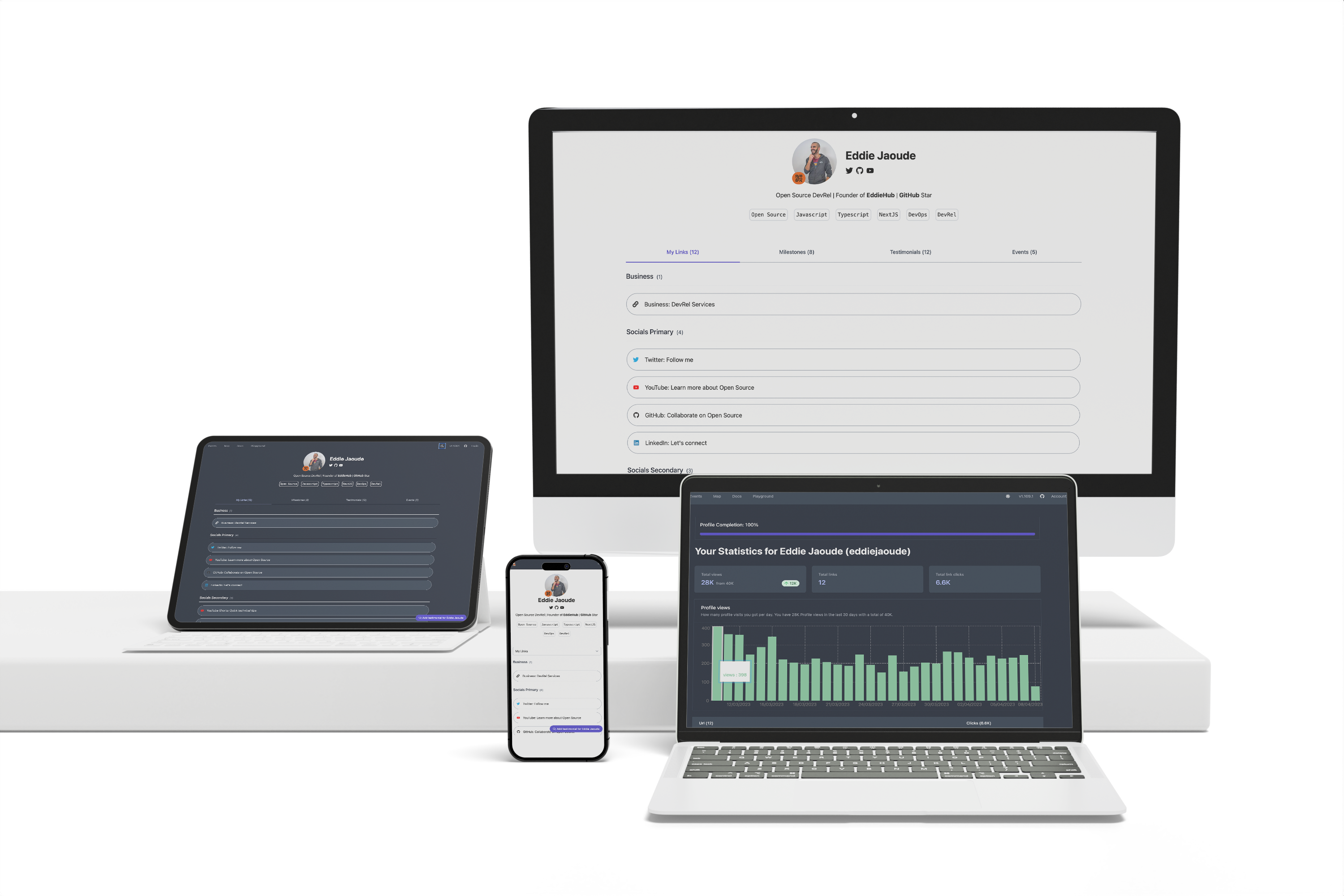 밝고 어두운 모드가있는 바이오 드롭의 프로필 및 통계 페이지 예