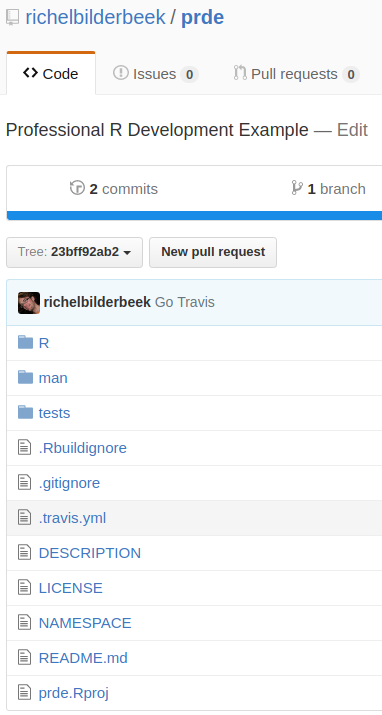 그림 6. Travis CI 빌드 스크립트를 추가 한 후 'PRDE'github