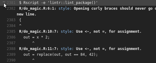 그림 9. 'Lintr'패키지에 의해 제공된 피드백