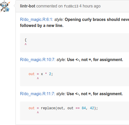 그림 11. github에 표시된대로 커밋에 대한 Lintr-Bot의 의견