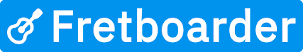 어쿠스틱 기타의 흰색 아이콘과 밝은 파란색 배경에 Fretboarder를 말하는 흰색 텍스트.
