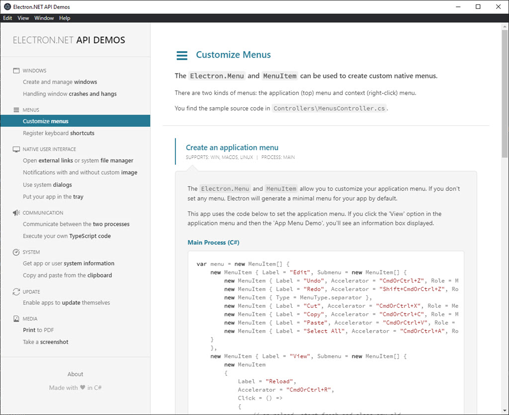 Electron.net API 데모 앱의 이미지