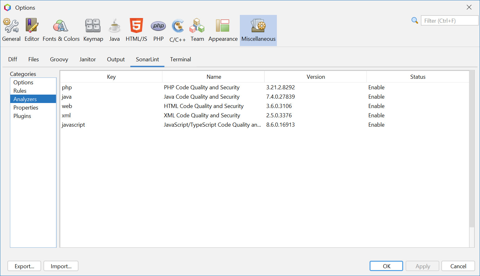 选项Sonarlintanalyzers