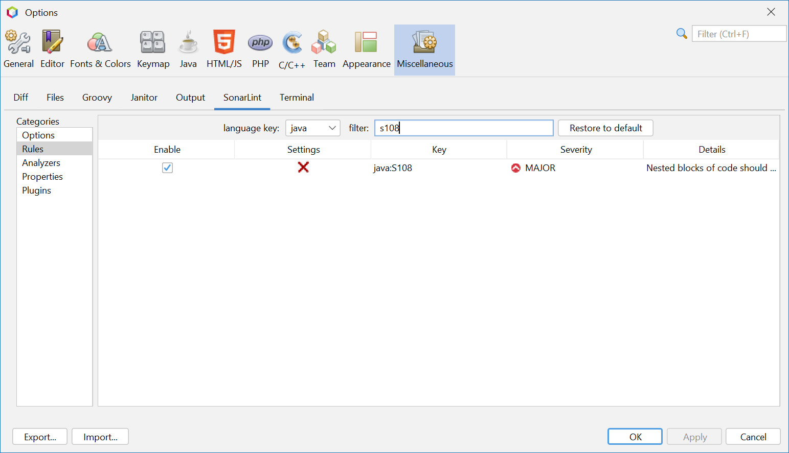 optionssonArlintruleswithKeyFilter