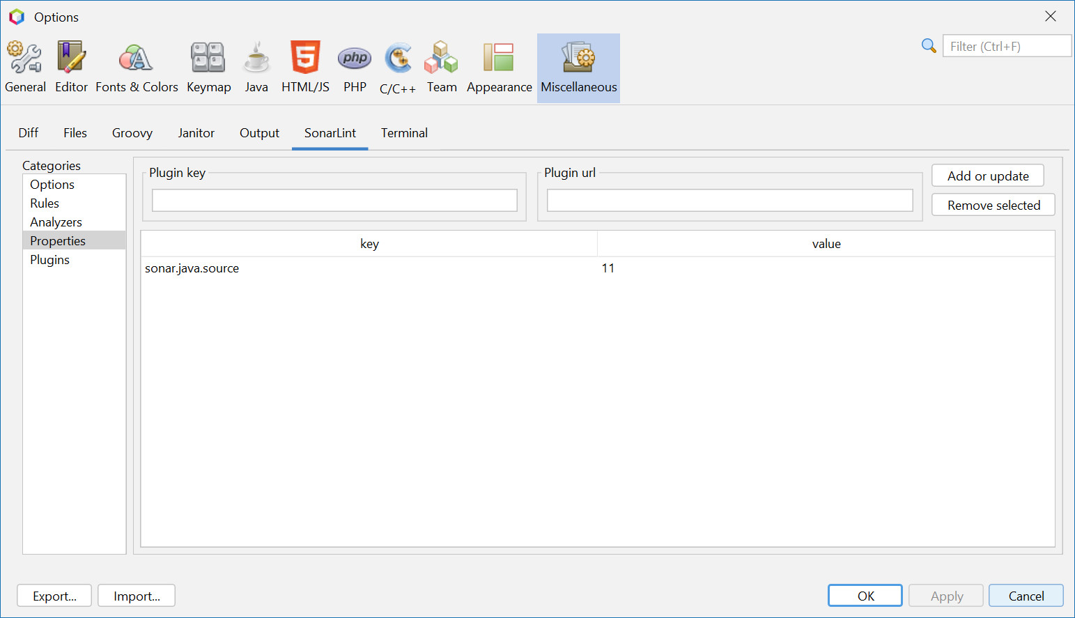 OptionssonarlintProperties