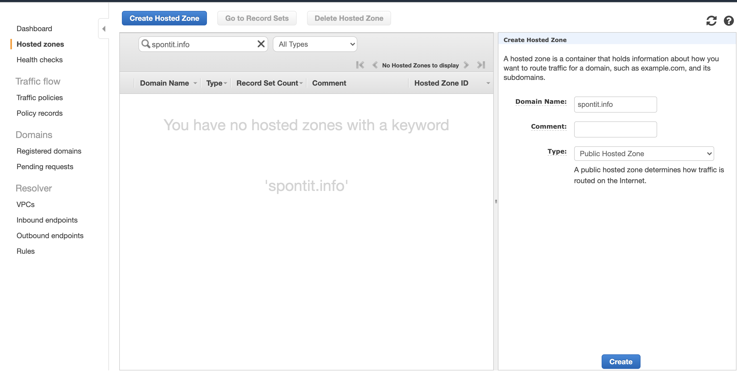屏幕截圖 - 創建Hostedzone
