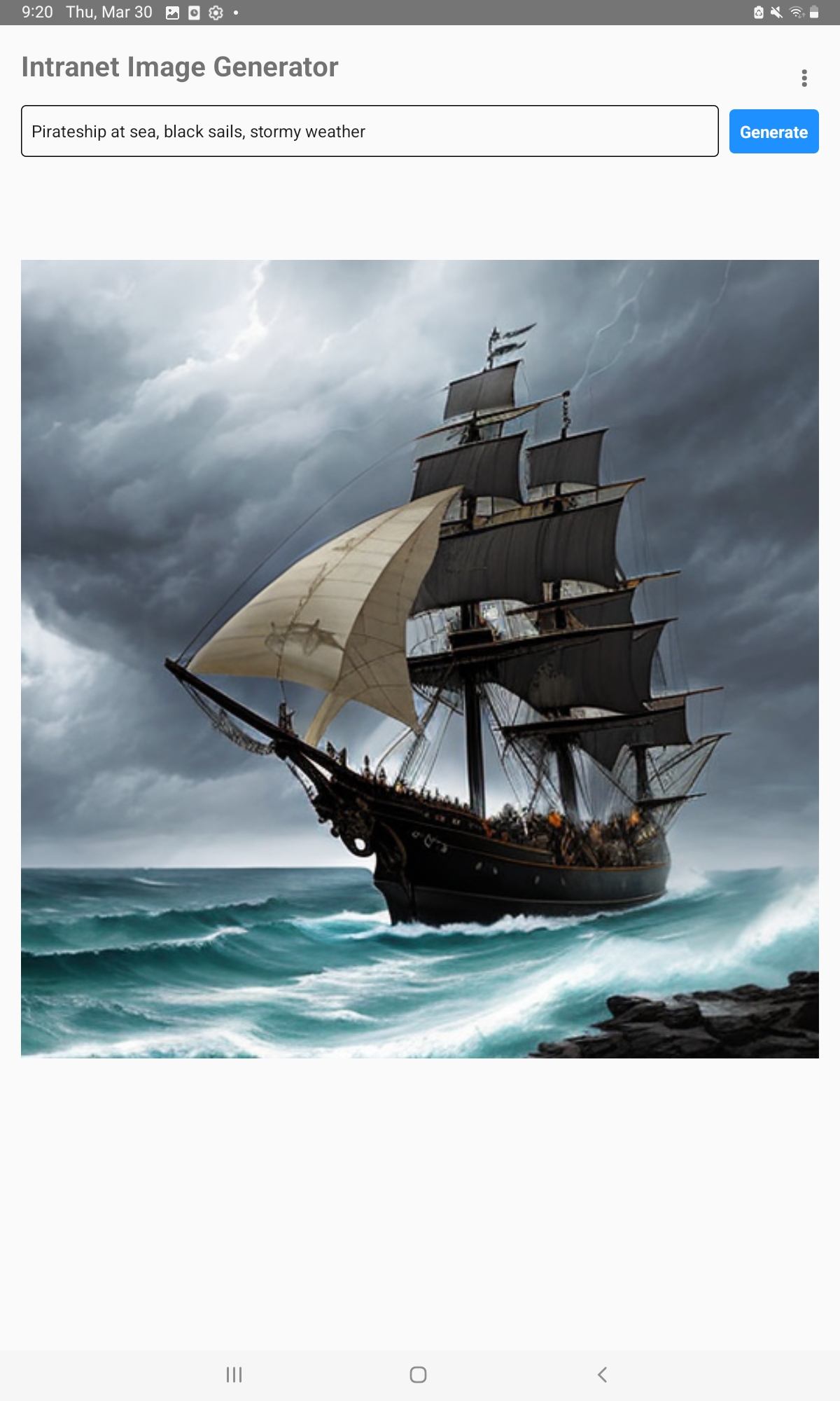 Screenshot des mobilen Kunden, Piratenschiffs auf See, schwarze Segel, stürmisches Wetter