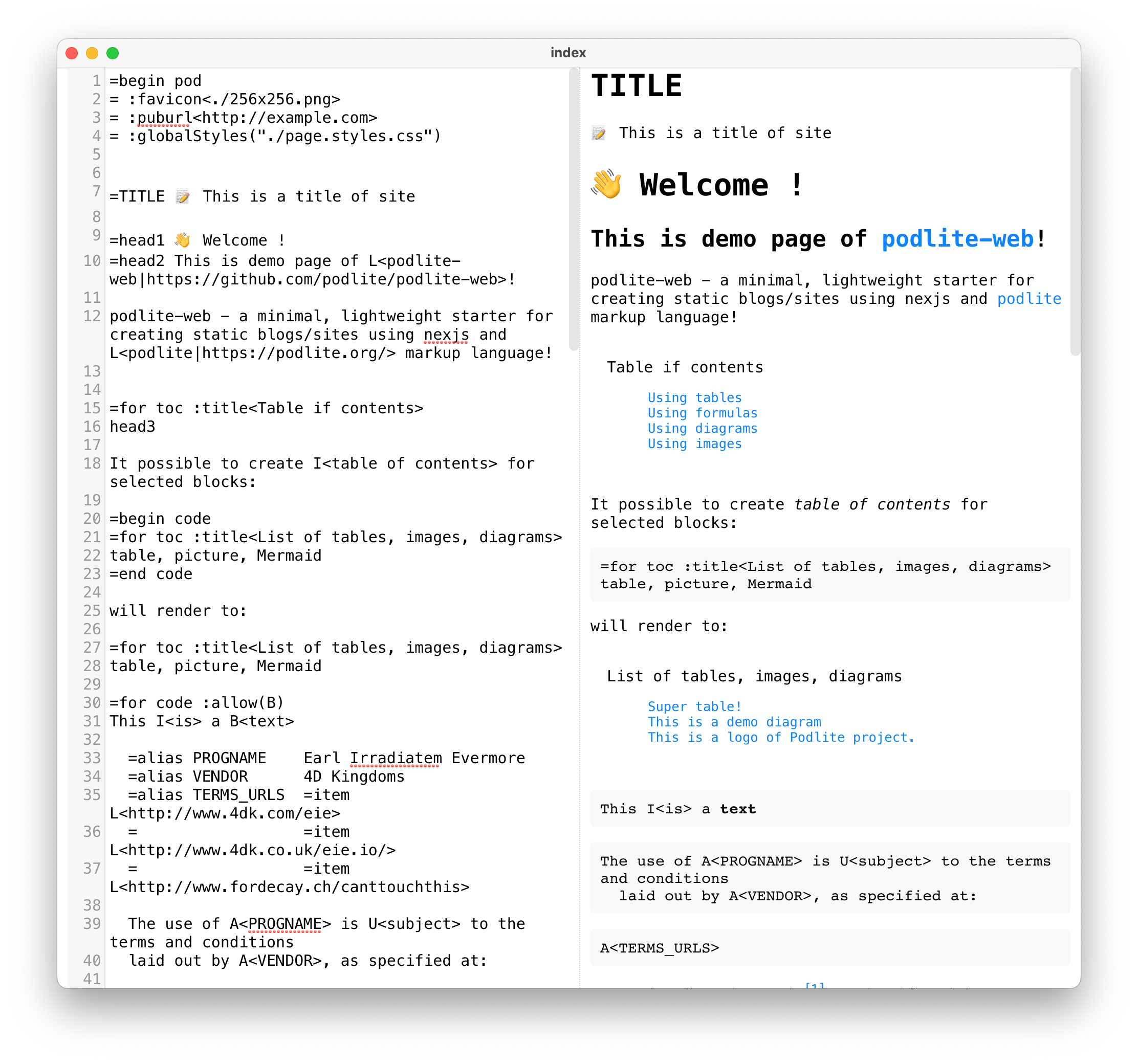 Podlite編輯器屏幕快照