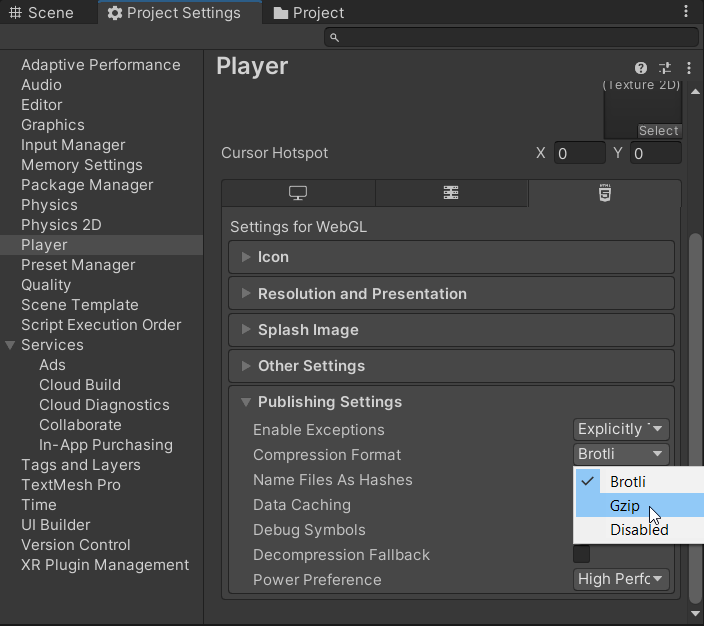 项目设置GZIP下拉截图的屏幕截图