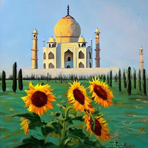 Tajmahal, Schnee, Sonnenblumen, Öl auf Canvas_0