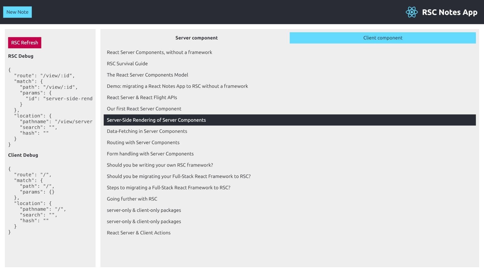 Screenshot der RSC Notes App Demo / Playground