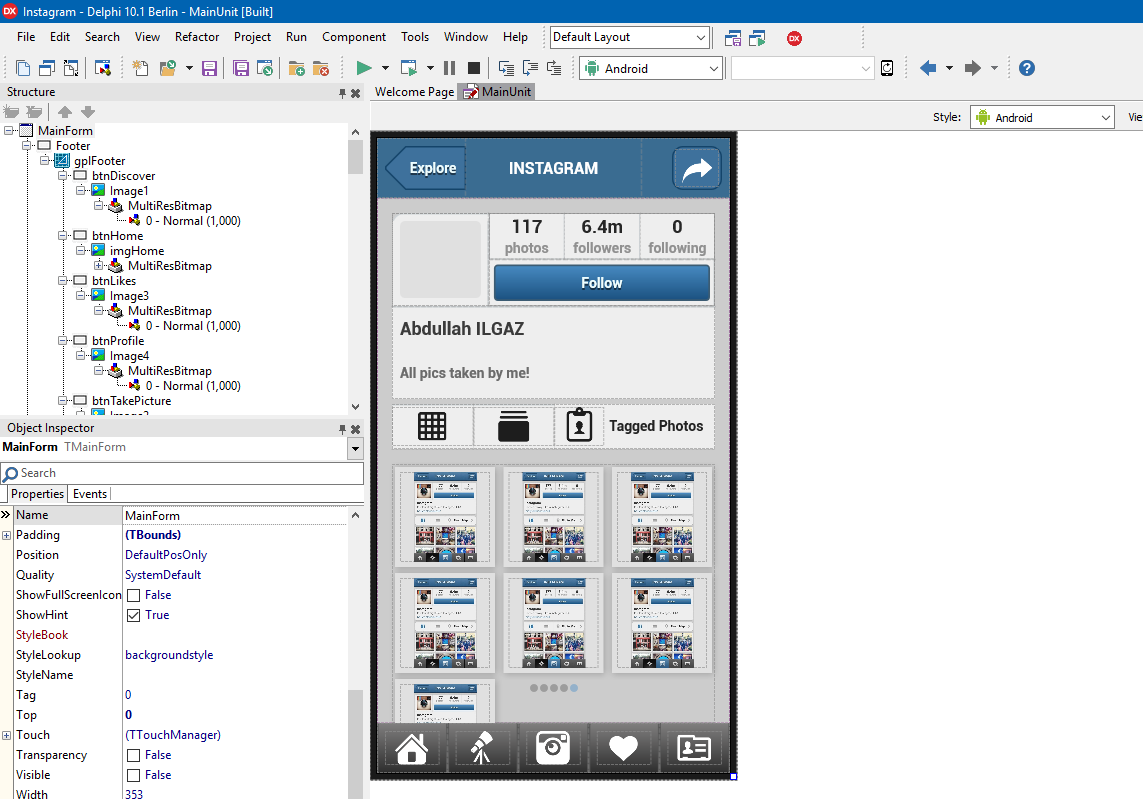 Página de perfil de muestra de diseño de interfaz de usuario de Instagram