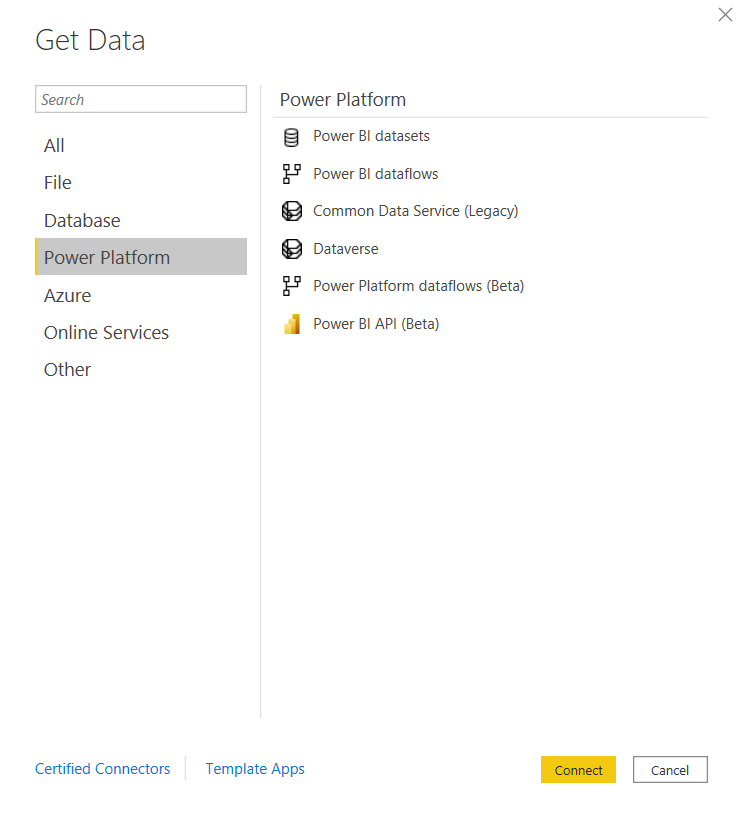 Power BI API Connector personalizado na janela Get Data