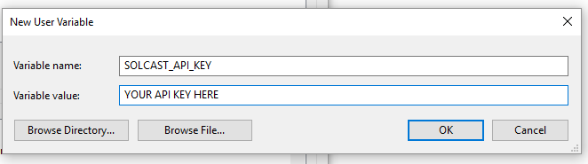 Fügen Sie Windows User Solcast API -Taste hinzu