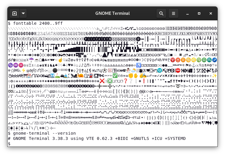 Example of Gnome Terminal 3.38.3 running fonttable
