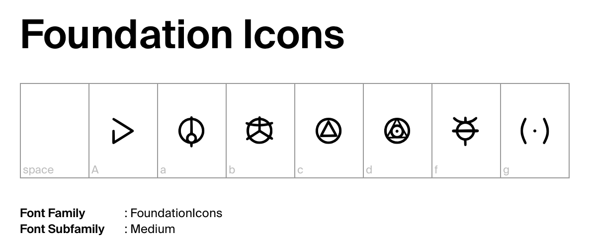 Seven icons created so far from Foundation are displayed in a glyph map of version 0.1.07 of the font