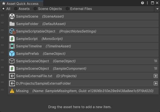 Asset Quick Access Window