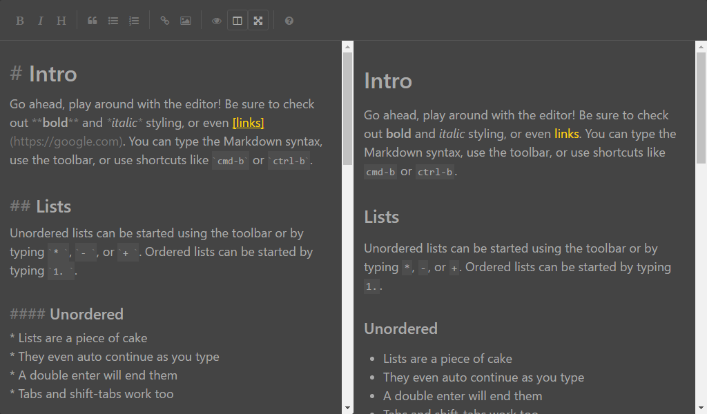 Screenshot des SimpleMde -Themas dunkel